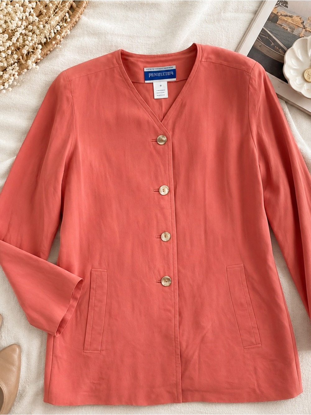 Pendleton Classic 100% Silk Salmon Lightweight Jacket Size 4 Minimalist Career‎